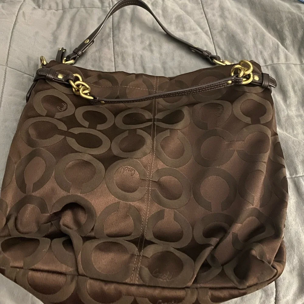 Coach Brown and Gold Shoulder Bag with Signature‎ Monogram